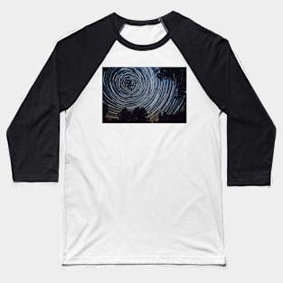 Starry night sky, startrails between trees landscape Baseball T-Shirt